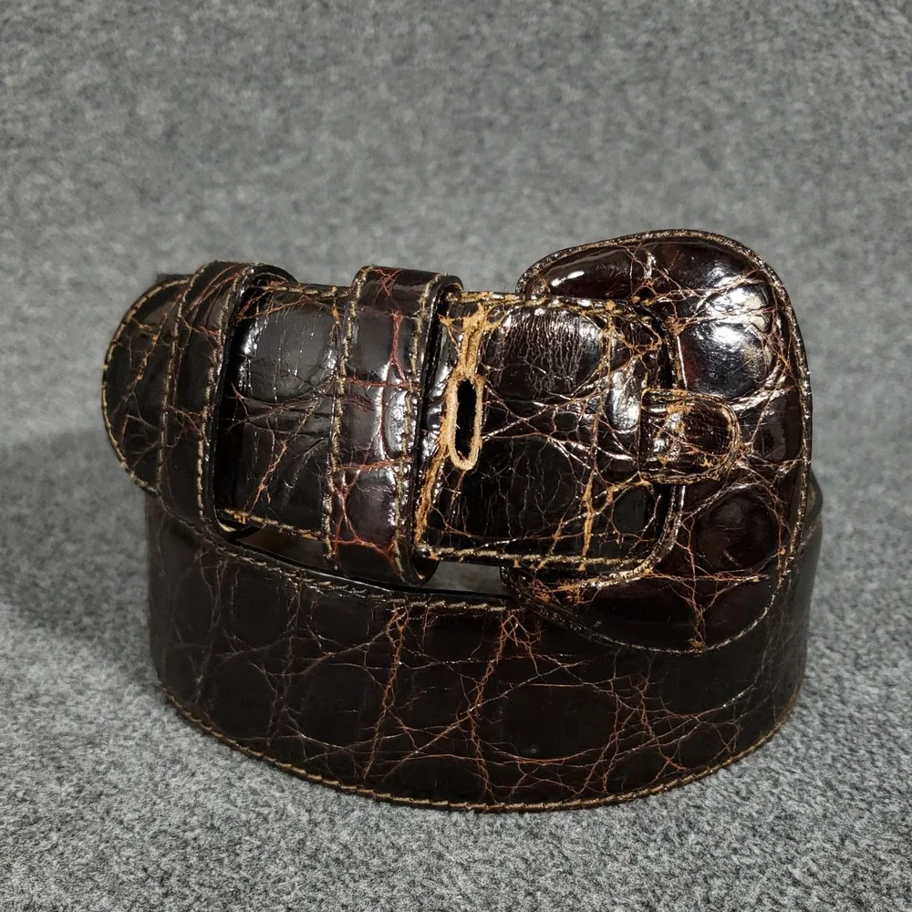 Saks Fifth Avenue Belt Women Small‎ Brown Caiman Crocodile Leather Italy